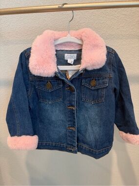 Mud Pie Denim Jacket with Pink Faux Fur Trim size 12-18 months